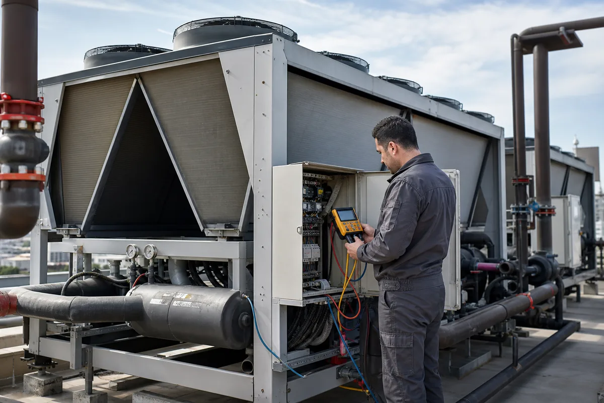 chiller ünitesinin kontrol paneli ve soğutma devresinin ölçüldüğü temsili servis görseli